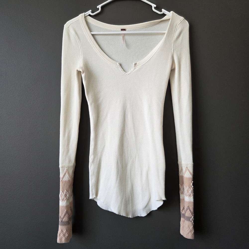 Free People Cream Waffle Knit Thermal Top Crochet Lace Sleeve XS Boho